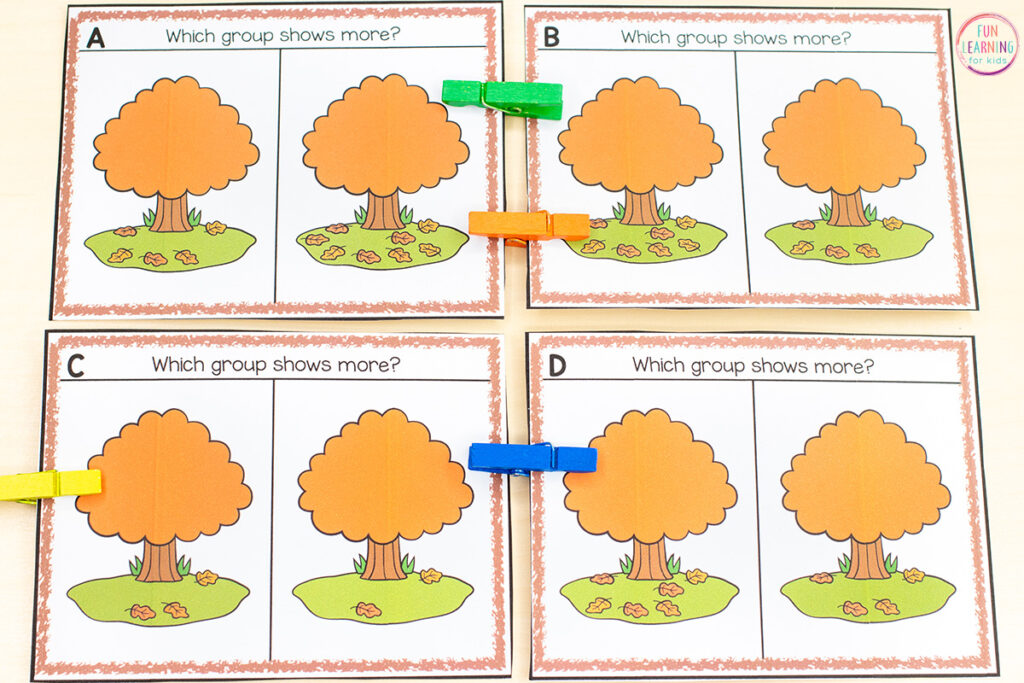 A fun fall leaves comparing numbers math activity for telling which one is greater than or less than the other.