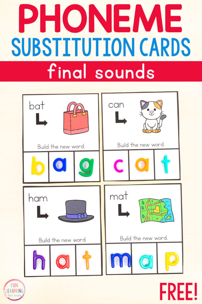 Free printable phonics word building cards for learning phoneme substitution with final sounds. This phonics activity is perfect for centers or small groups in kindergarten or first grade.