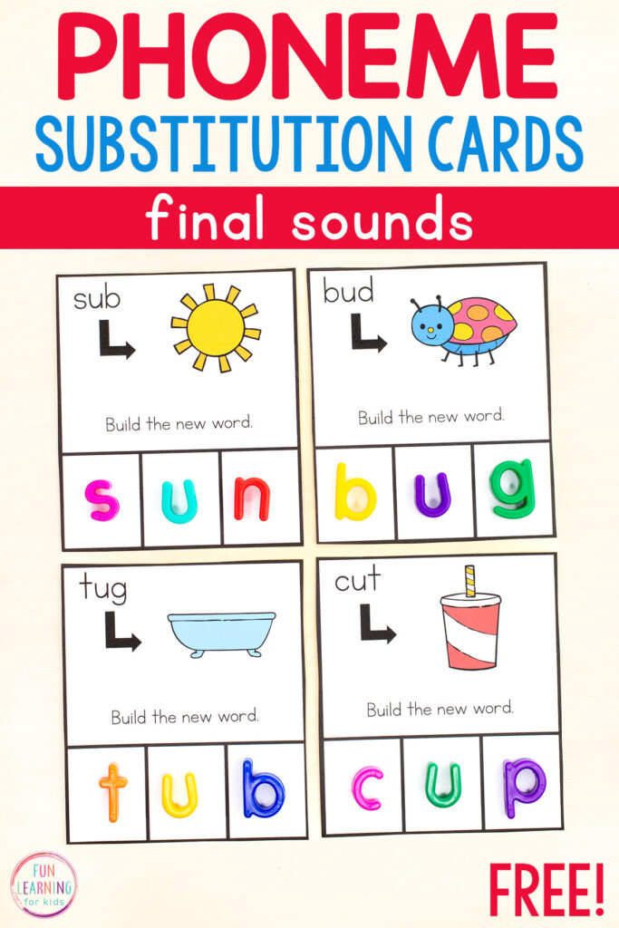 Printable phoneme substitution phonics activity for kindergarten and first grade phonics instruction. 