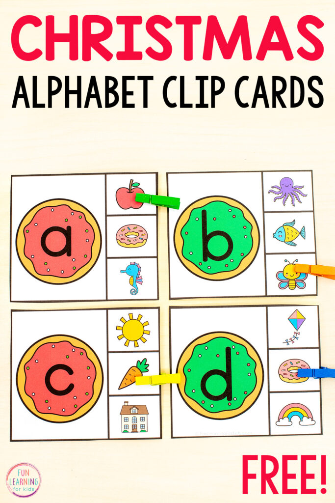 Free printable Christmas cookie alphabet and beginning sounds clip cards for learning letter sounds and letter recognition in preschool, pre-k and kindergarten.