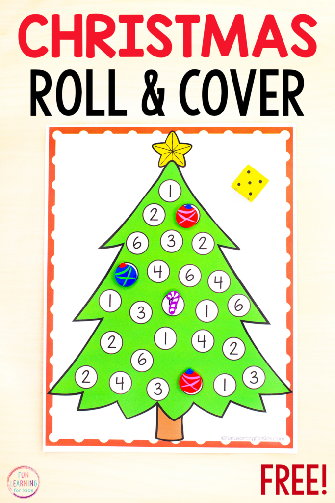 Free printable Christmas theme math activity for learning numbers, counting and addition while building number sense in preschool and kindergarten.