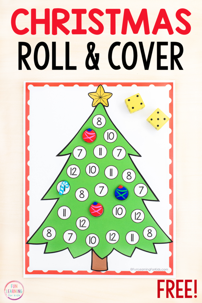 Free printable Christmas theme roll and cover activity for learning numbers, counting and addition while building number sense in preschool and kindergarten.
