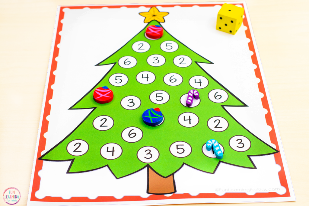 Free printable Christmas theme math activity for learning numbers, counting and addition while building number sense.
