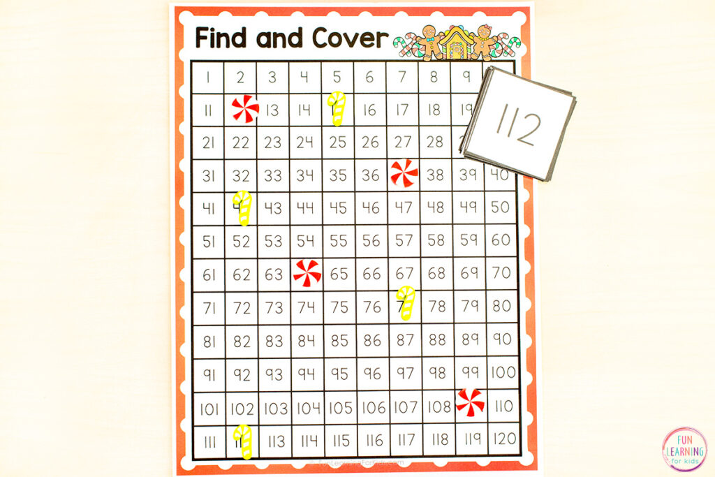 Free printable Christmas theme 100 chart and 120 chart for learning numbers and developing number sense.