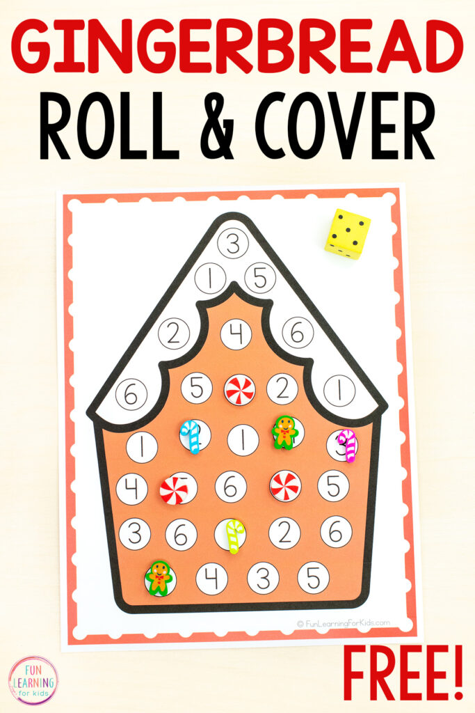 Free printable gingerbread theme roll and cover the number mats math activity for developing number sense in preschool, pre-k or kindergarten.