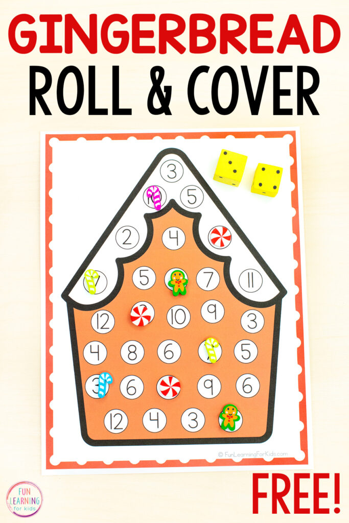 Free printable gingerbread roll and cover numbers activity for Christmas theme in preschool, pre-k and kindergarten.