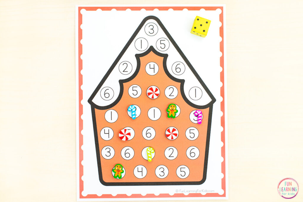 Roll one dice or two dice and cover the number on the gingerbread house with mini erasers or other manipulatives of your choice.