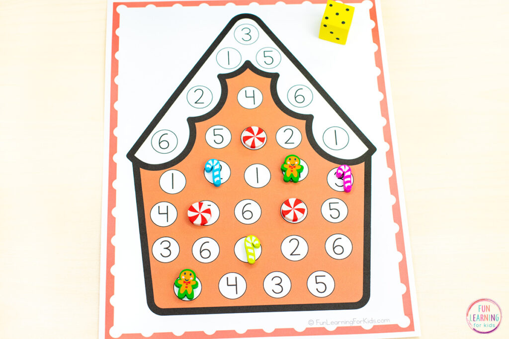 Free printable gingerbread math activity for learning number recognition, counting and subitizing. A fun way to develop number sense in preschool and kindergarten.