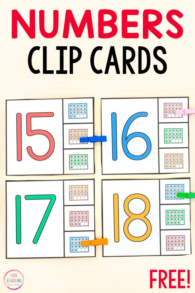Free printable number matching clip cards for kids who are learning numbers, counting and building number sense with numbers to 20.