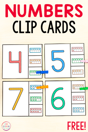 Free printable number matching clip cards for kids to build number sense in preschool and kindergarten.