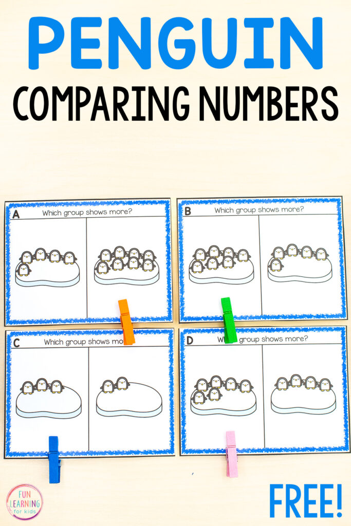 Free printable penguin comparing numbers clip cards math activity for winter math centers in preschool and kindergarten.