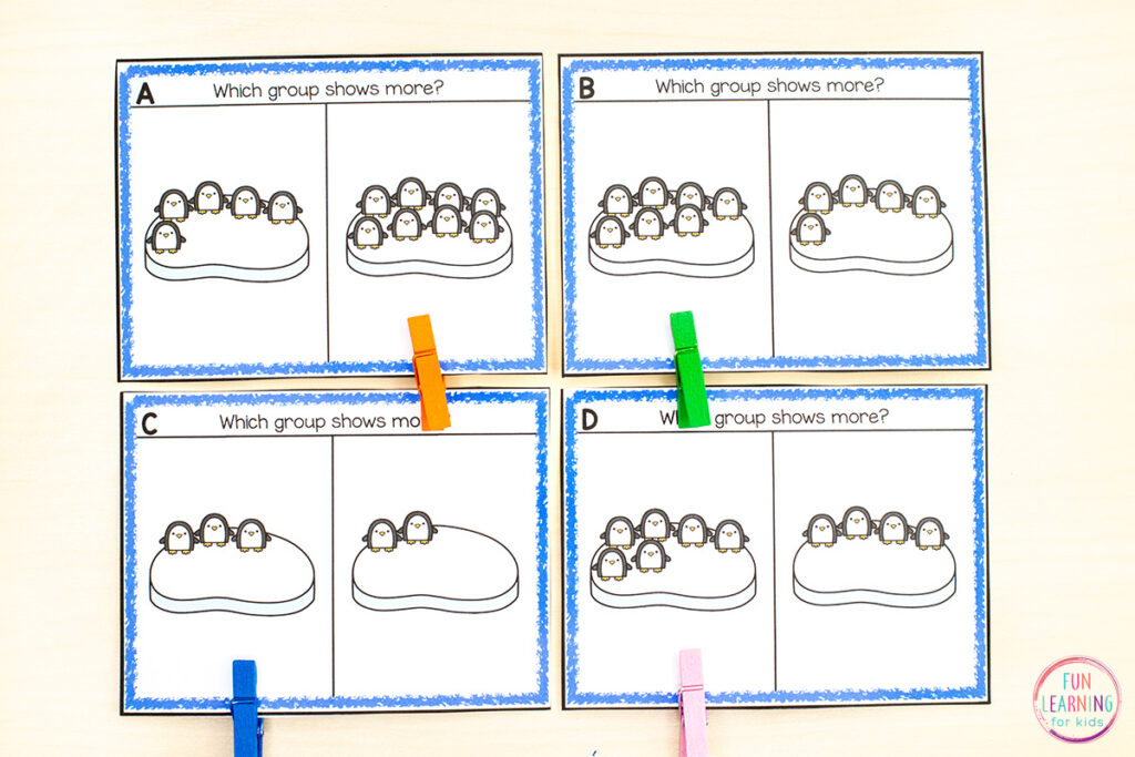 A free printable penguin theme winter math activity for kids.