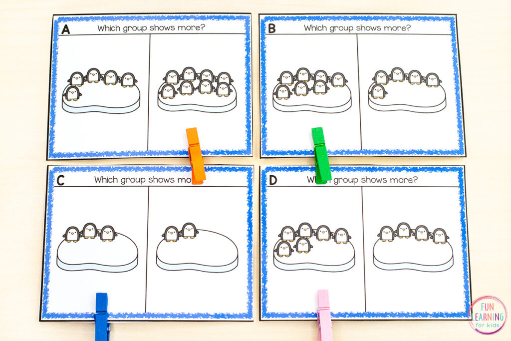 Winter theme comparing sets clip cards for learning to compare numbers and build number sense in preschool and kindergarten.