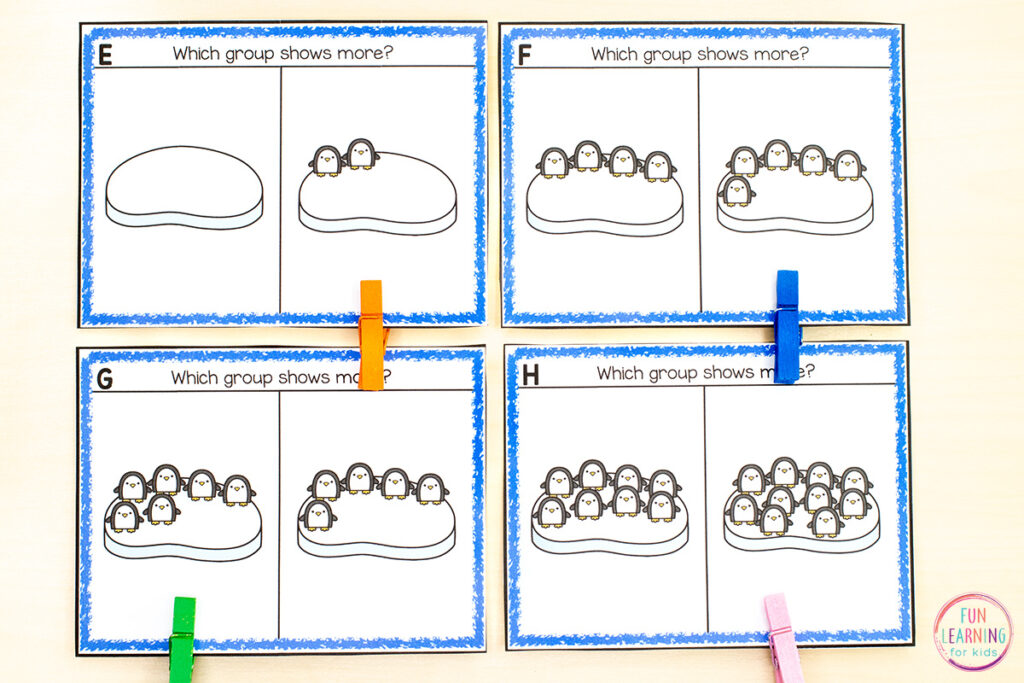 Free printable winter math activity for learning to compare groups in preschool and kindergarten.