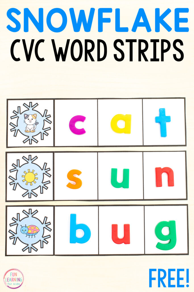 A free winter CVC word work activity for kids in kindergarten and first grade. This winter theme snowflake CVC activity is perfect for literacy centers.
