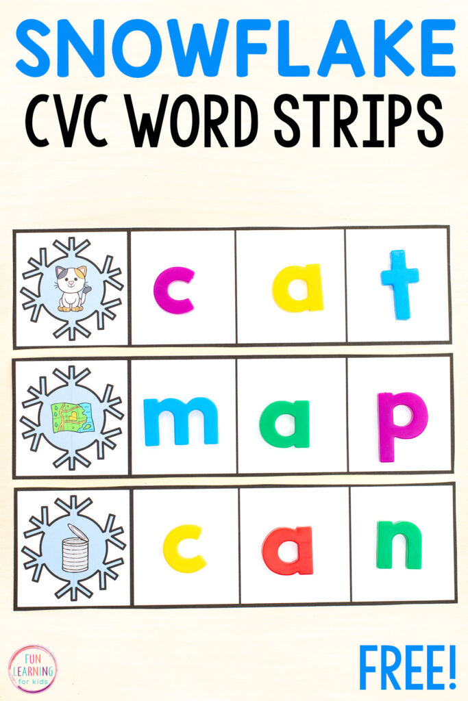 Use these free printable snowflake CVC word building strips for winter literacy centers in kindergarten and first grade.