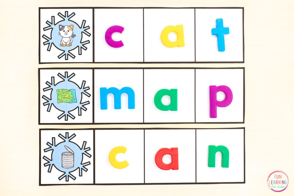Printable CVC word building strips for learning to isolate sounds and spell CVC words.
