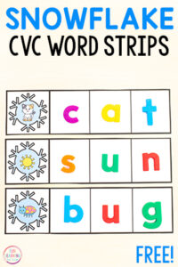 Free printable snow theme CVC word activity for kids in kindergarten and first grade.