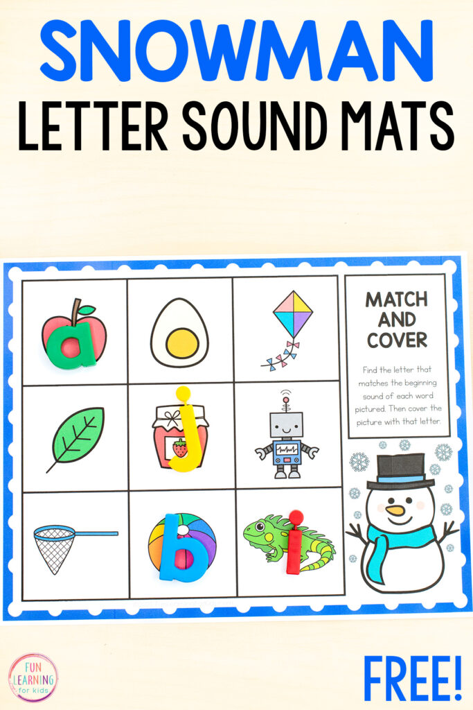 Free printable snowman alphabet and beginning letter sounds mats for learning letters and sounds in preschool and kindergarten. This fun winter alphabet activity requires no-prep and is perfect for literacy centers.