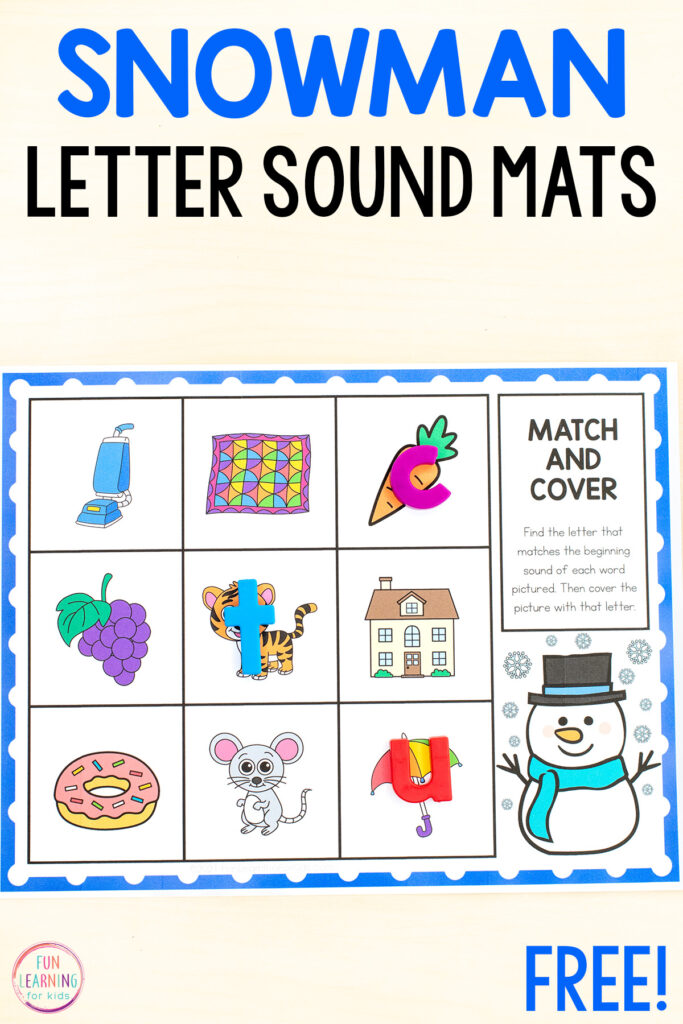Free printable print and play snowman alphabet activity for learning letter recognition and beginning sounds isolation in preschool and kindergarten. Learn letters and letter sounds with a fun winter literacy activity!