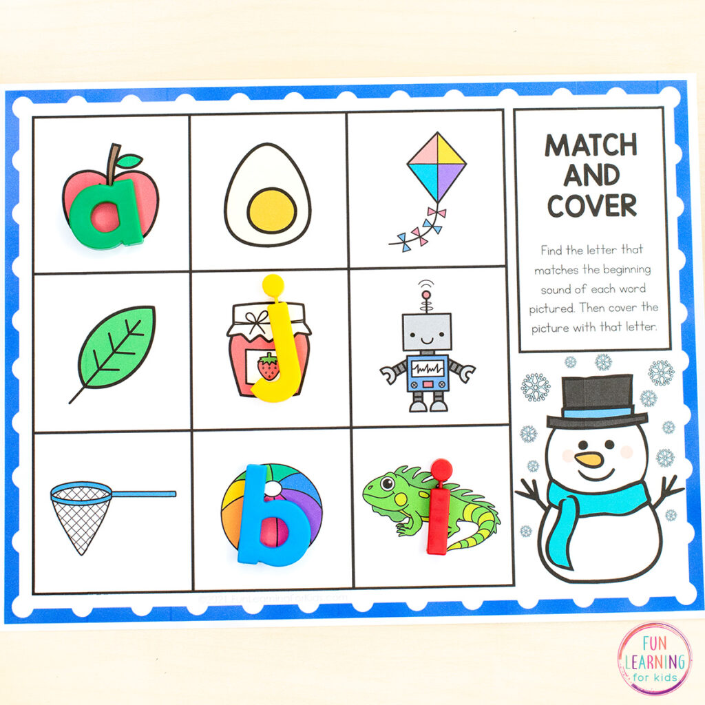 Free snowman theme alphabet activity for learning letters and beginning letter sounds.