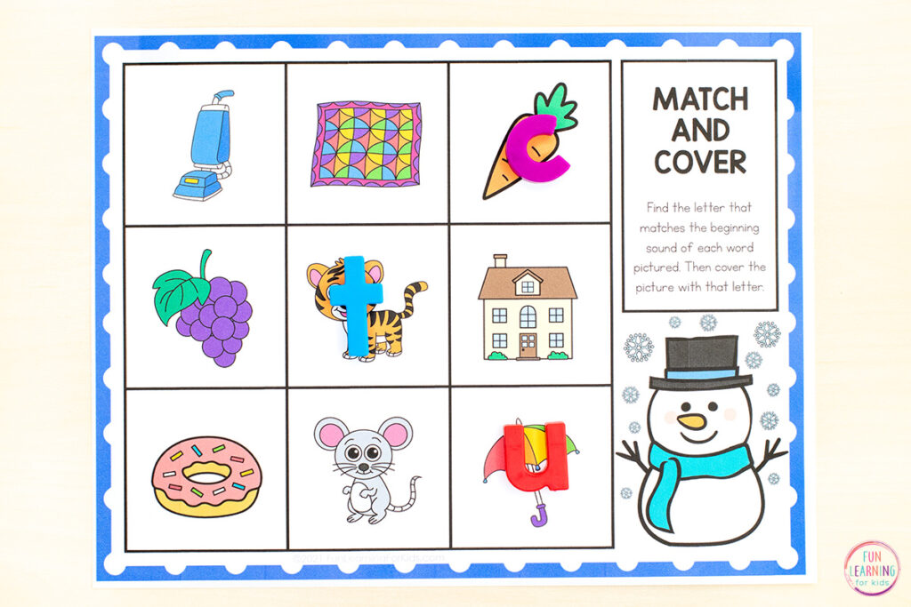 A fun winter literacy center or winter alphabet center activity for learning letters and sounds.