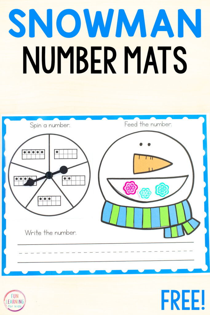 Free printable snowman number mats for learning numbers and developing number sense in preschool and kindergarten.