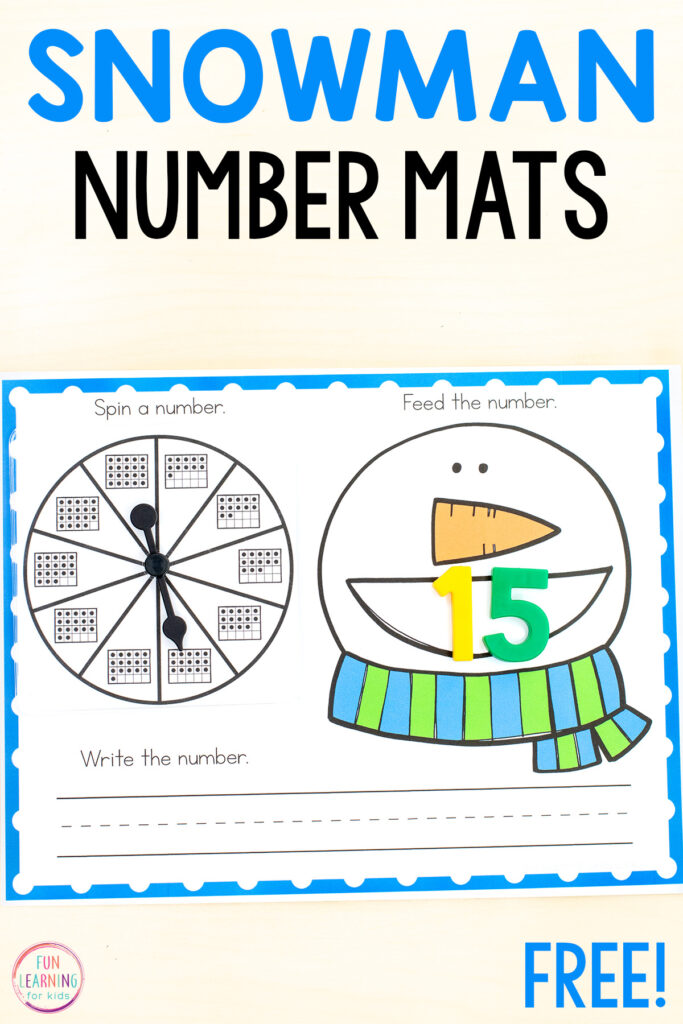 Free printable snowman math activity for learning number recognition, counting, number formation and developing number sense in preschool and kindergarten. Perfect for your winter math centers!