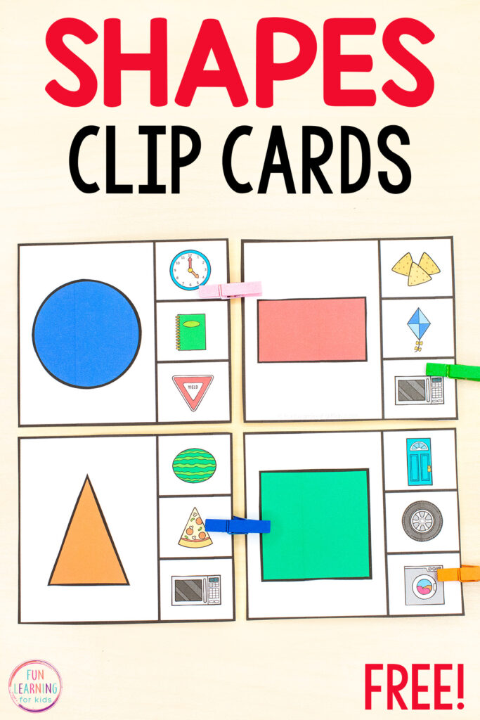 Free printable 2D shapes clip cards math activity for practice with shape identification and shapes in the real world.
