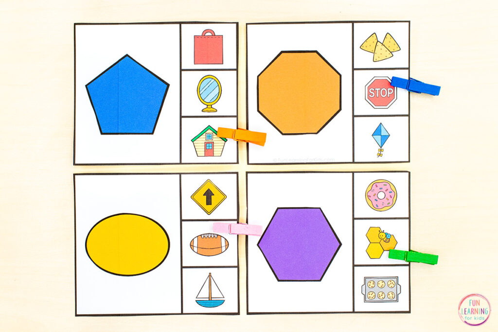 Free printable 2D shapes clip cards math activity for kids in preschool, pre-k and kindergarten.