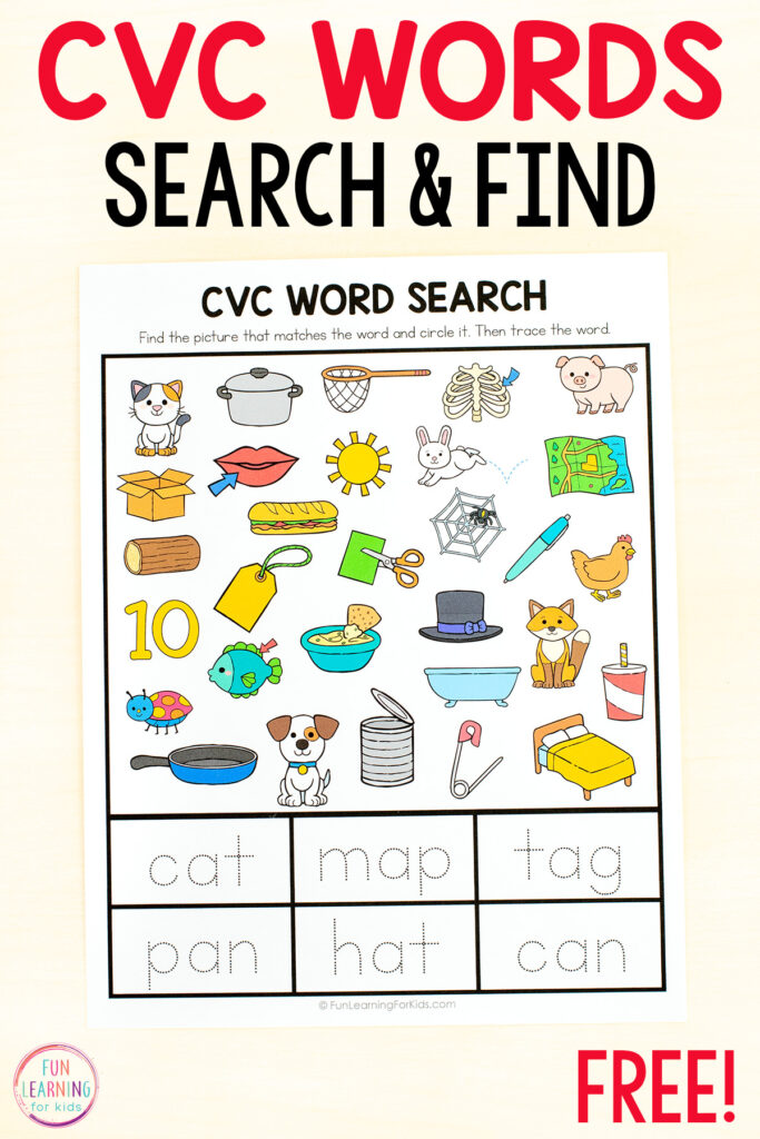 Free printable word search CVC worksheets for for learning to read and write CVC words in kindergarten and first grade.