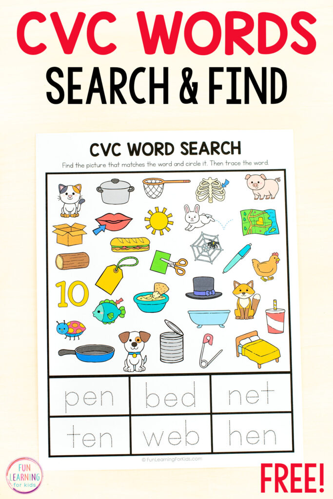 Free printable CVC worksheets for practice with reading CVC words and writing CVC words. Perfect for literacy centers in kindergarten and first grade.