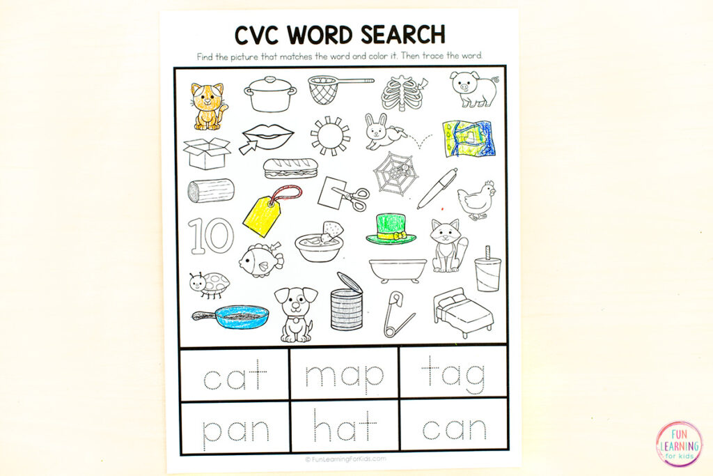 Free printable CVC worksheets for kids to practice reading and writing CVC words.