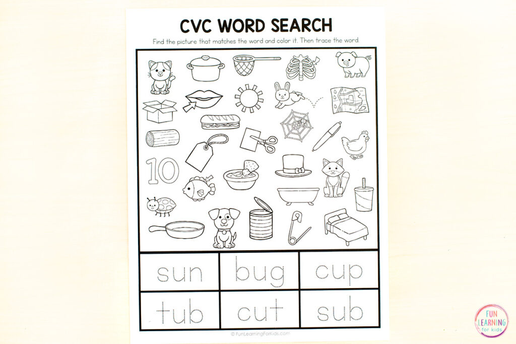 Fun CVC worksheets for kids in kindergarten and first grade. This word work activity is a fun way to learn to read and write CVC words.