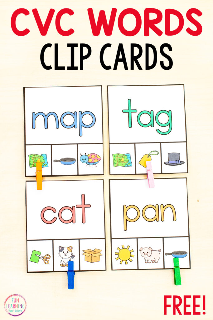 Free printable CVC words clip cards phonics activity for learning to read simple CVC words in kindergarten and first grade.