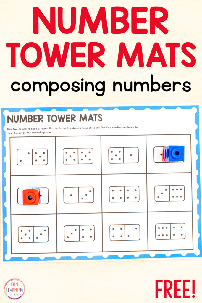 Free printable number tower mats for kids to practice composing numbers to ten and making equations to match. This number sense activity is fun and hands-on!