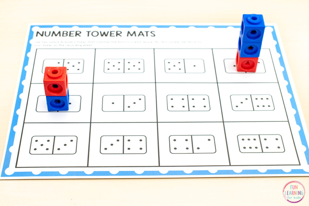 This number sense activity uses dominoes to teach kids how to compose numbers up to ten by building number towers to match the domino.