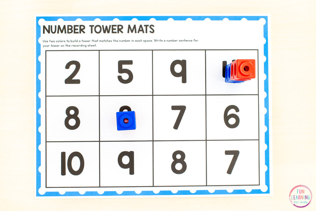 Free printable number composition math activity for kids to practice composing numbers and writing equations to match.