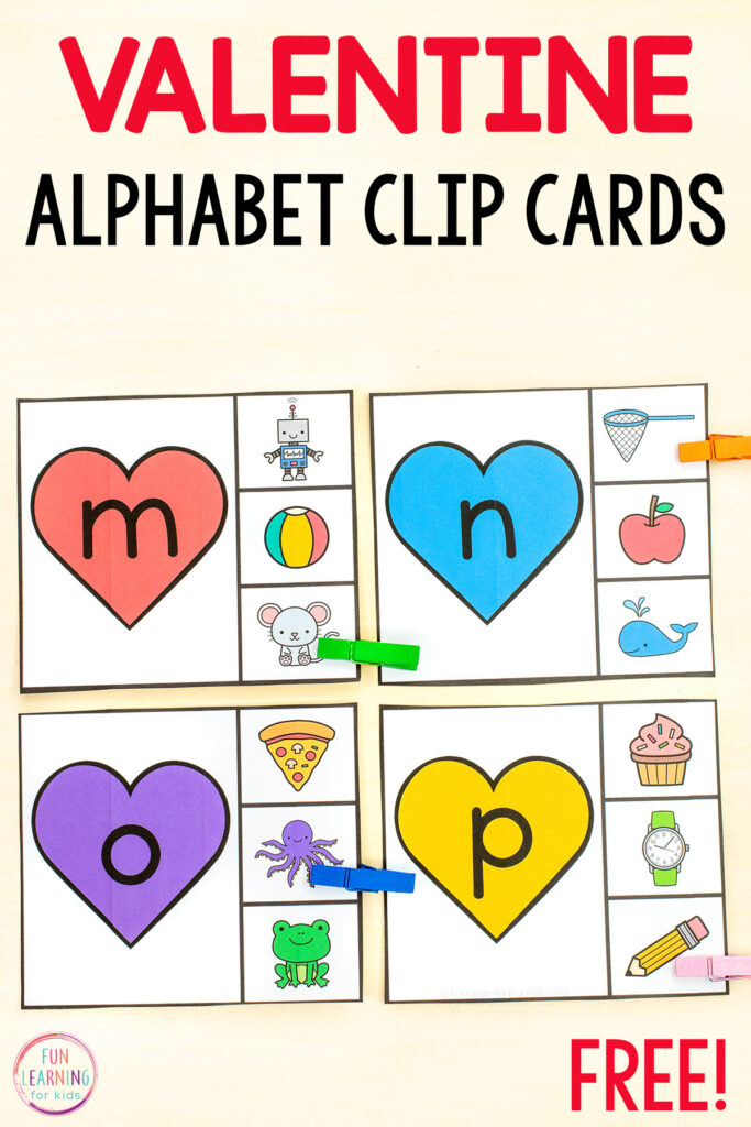 Free printable Valentine theme alphabet beginning sounds clip cards for learning letters and letter sounds while building fine motor skills.