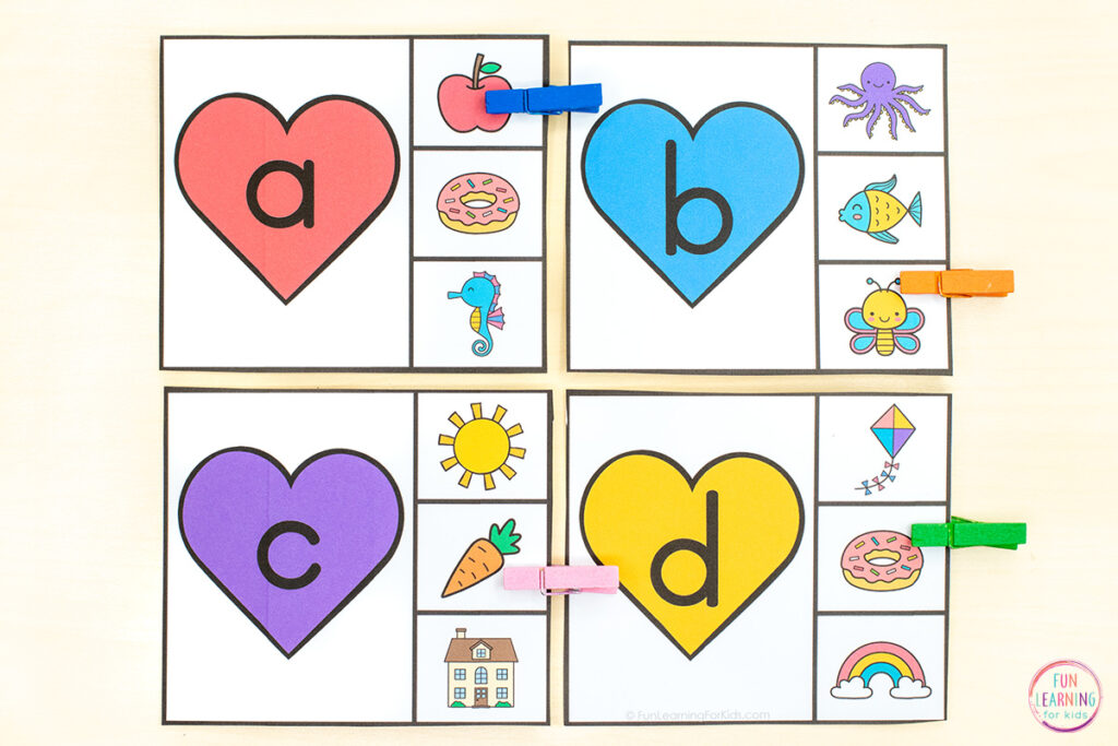 Free printable Valentine hearts alphabet clip cards for learning letters and sounds while working on fine motor skills in preschool and kindergarten.