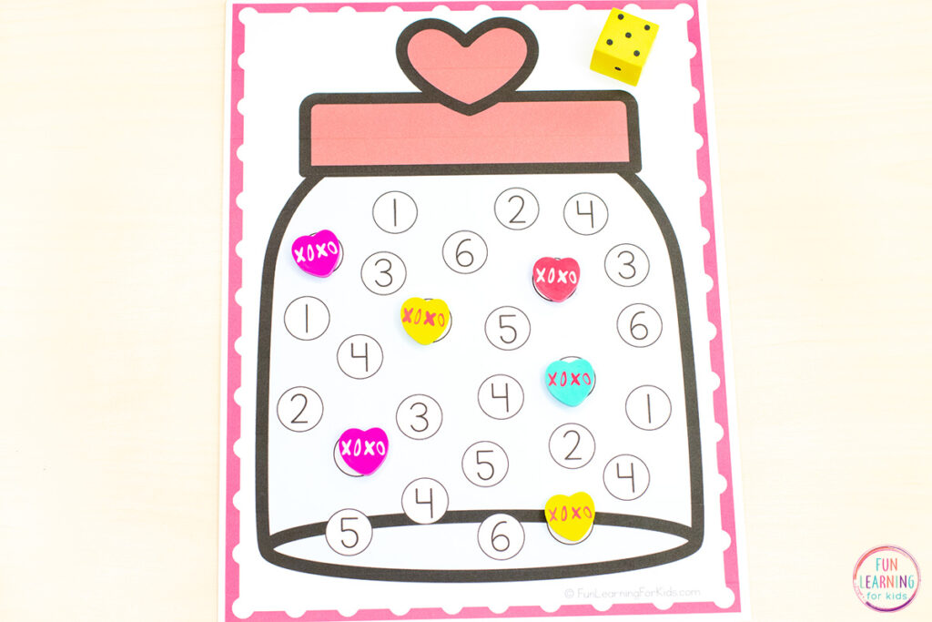 Valentine's Day math activity for learning number recognition and counting in preschool and kindergarten.