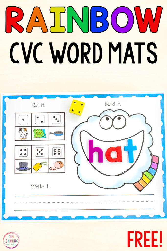 Free printable rainbow theme CVC words activity for kids in kindergarten and first grade. Add to your literacy centers for fun, hands-on practice with CVC words.