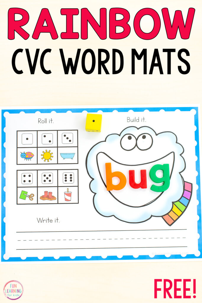 Free printable CVC word work activity for rainbow theme literacy centers in kindergarten or first grade. 