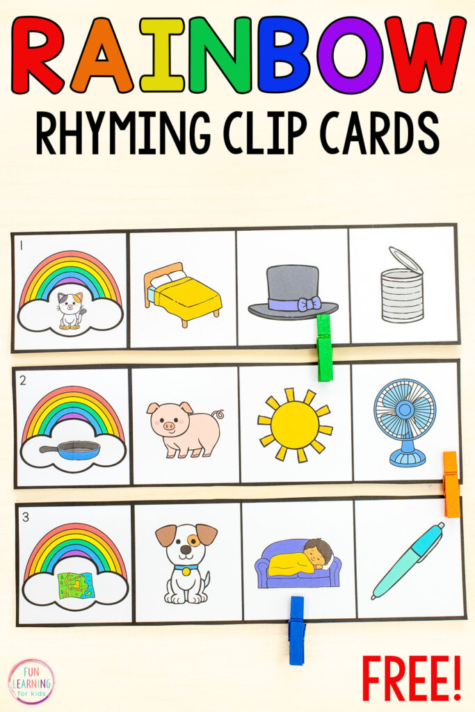 Free printable rainbow rhyming activity for pre-k and kindergarten literacy centers or small groups.