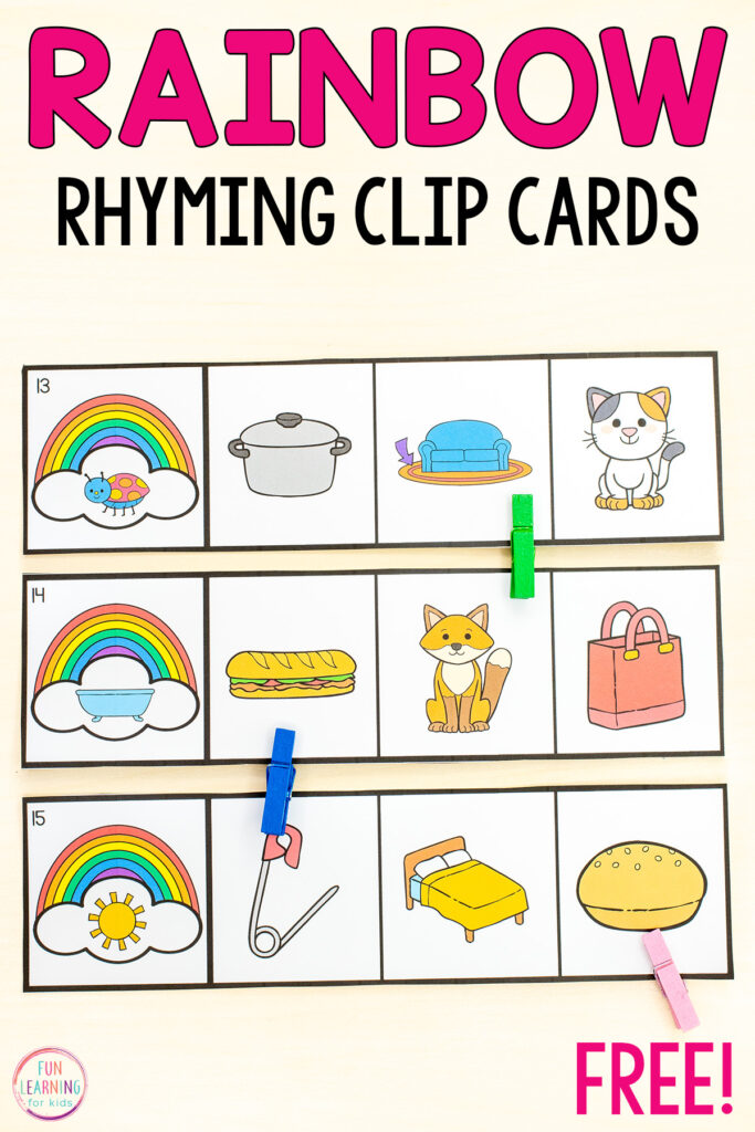 Free printable rainbow theme rhyming clip strips for your rainbow theme literacy centers in kindergarten.