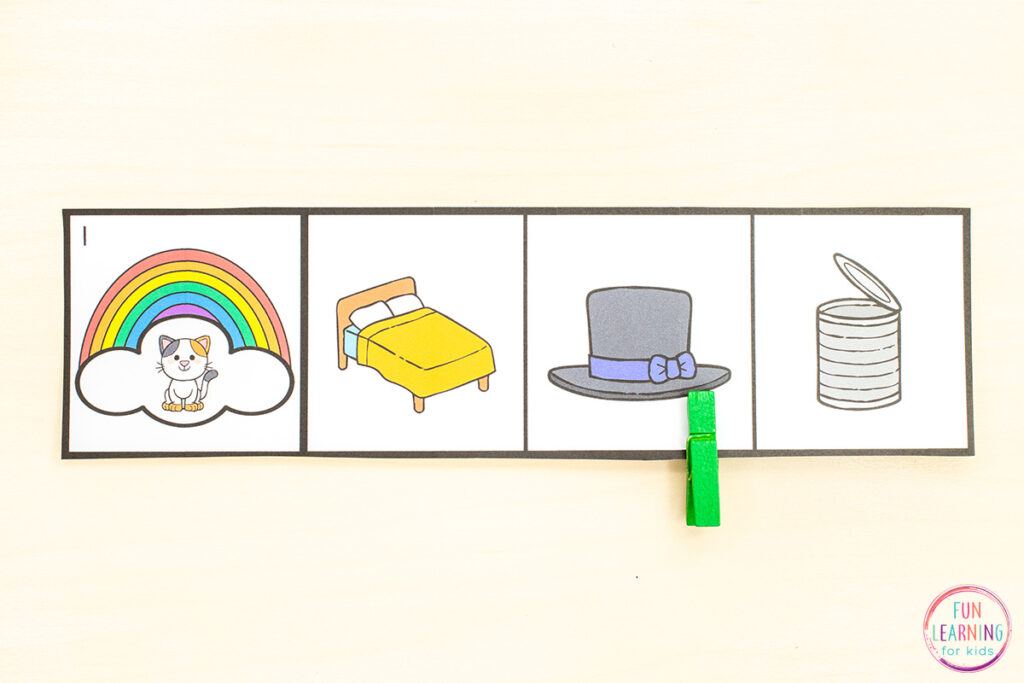 A hands-on rhyming activity for your rainbow theme literacy centers.