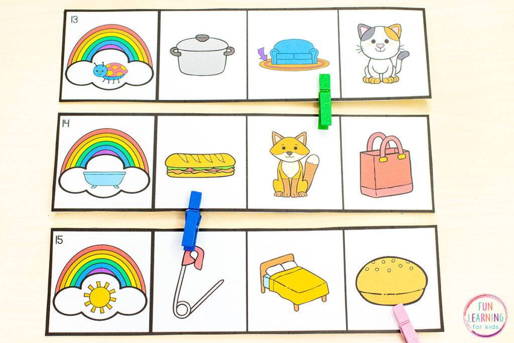 There is a CVC picture on the rainbow and then 3 CVC pictures to the right of it. Students will look at the word on the rainbow and find the CVC picture on the right that rhymes with it and then clip it.