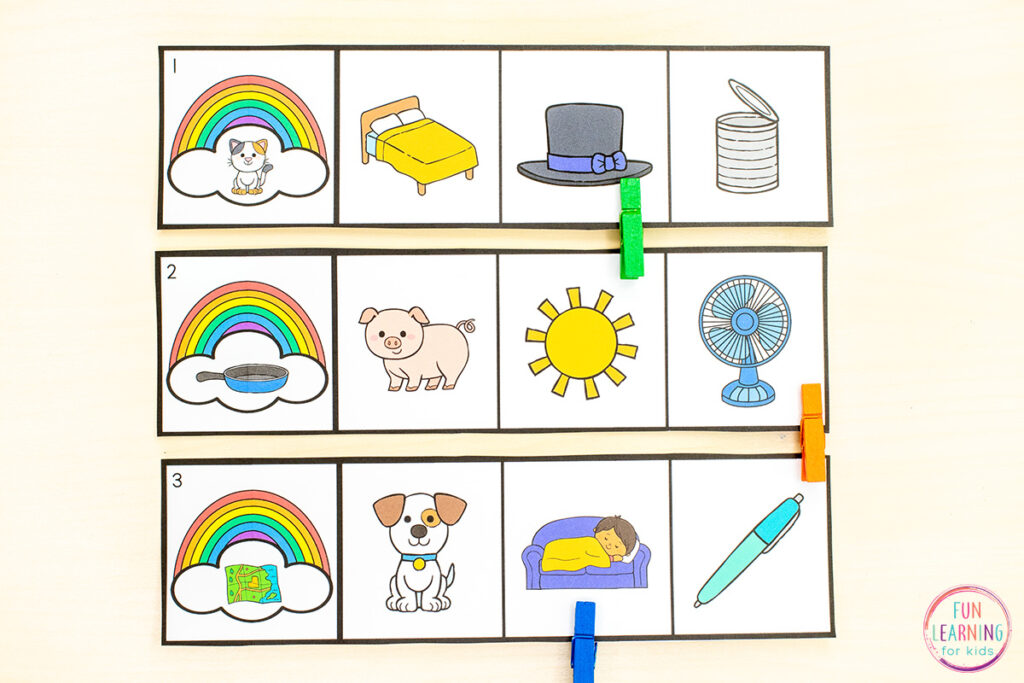 Free printable rainbow CVC word families rhyming activity for your spring literacy centers and lesson plans.