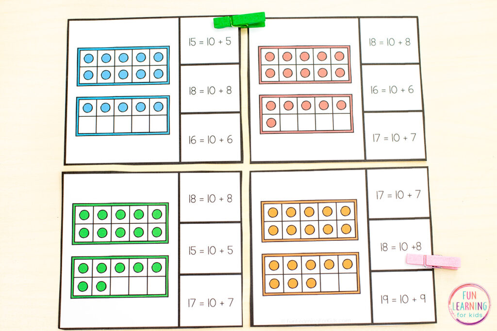 Free printable teen numbers math clip cards for learning to compose numbers 11-19 into ten and some further ones.