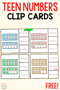 Free printable teen numbers clip cards for kids in kindergarten.